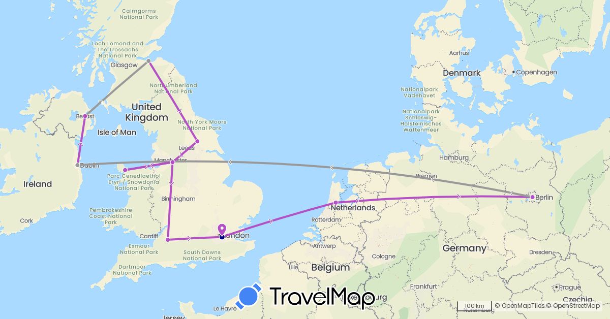 TravelMap itinerary: driving, plane, train in Germany, United Kingdom, Ireland, Netherlands (Europe)